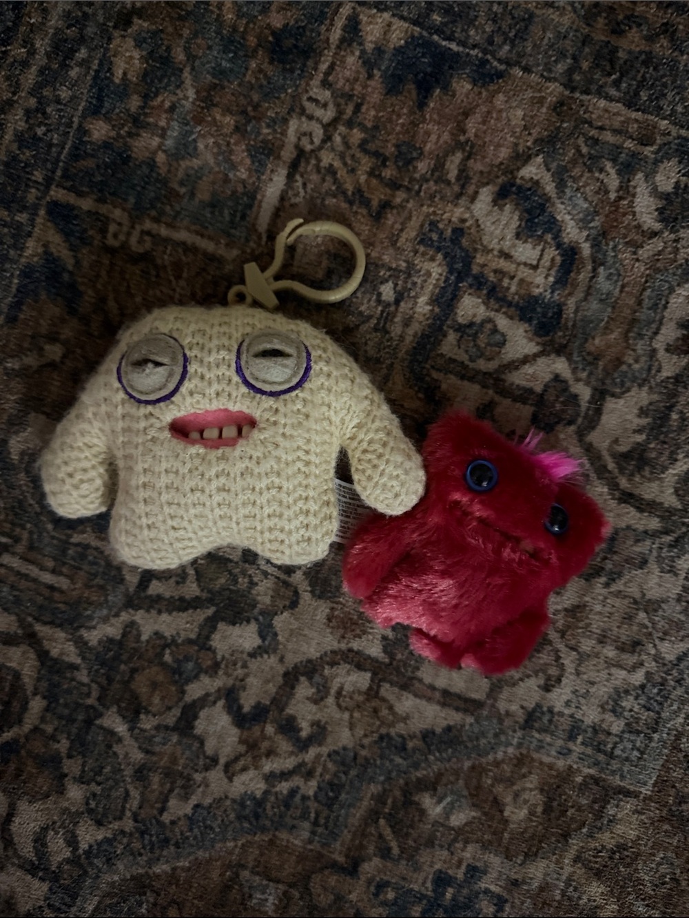 FUGGLER Cream Crochet Monster Keychain with Pink Furry Companion